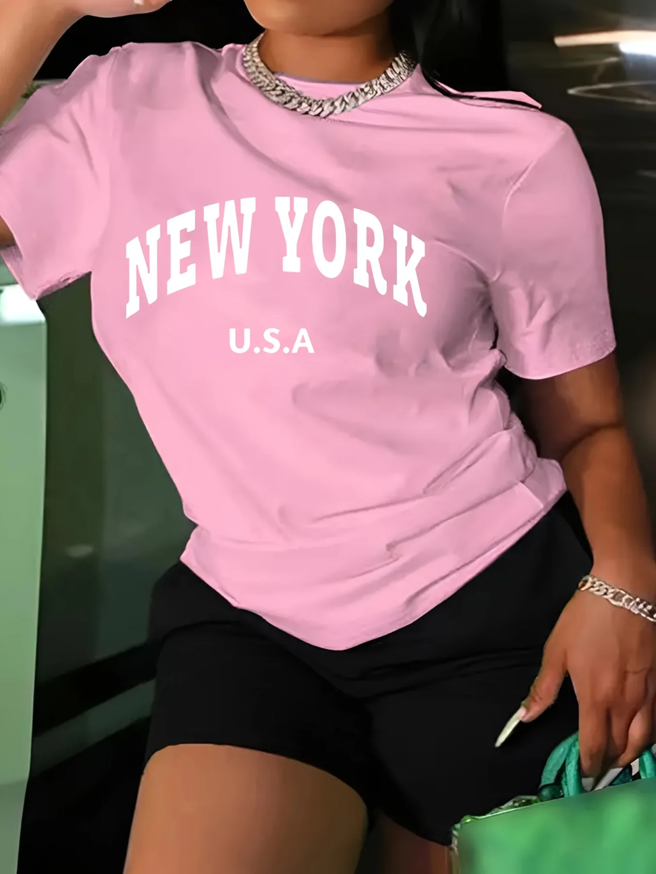 New York Print T-shirt Short Sleeve Crew Neck Casual Top for Summer & Spring Women's Clothing