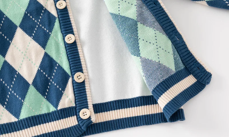 Cardigan Jacquard xadrez para meninos, suéter de