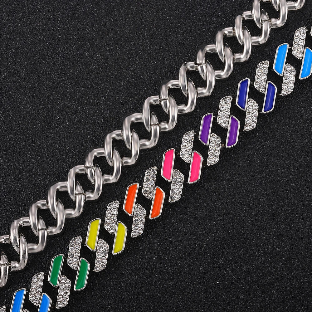 다채로운 사각 마이애미 쿠바 링크 체인, 13mm 목걸이, 18 인치, 20/24 인치 길이, 블링 초커, 힙합, 스타일리시 남녀공용 쥬얼리
