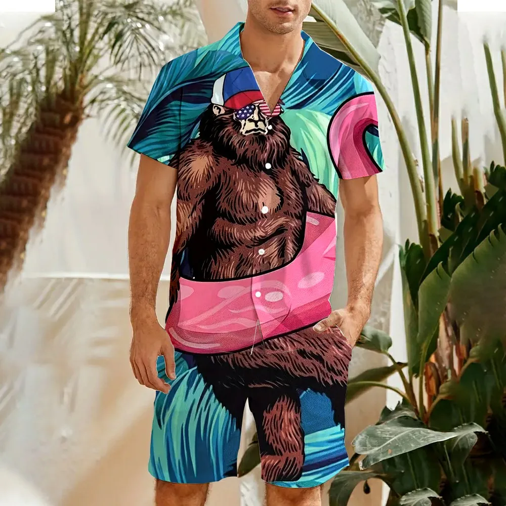 Men's Shirt Set Men's Fashion Shirt + Shorts Two Piece Set Crazy Gorilla 3D Print Hawaiian Shirt Loose Skin Friendly Casual 2