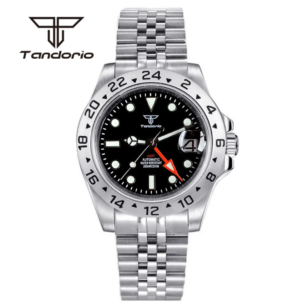 Tandorio Stainless Steel 39mm NH34A GMT Function Dress Automatic Wristwatch for Men Sapphire Glass Black Dial Date Screw Crown