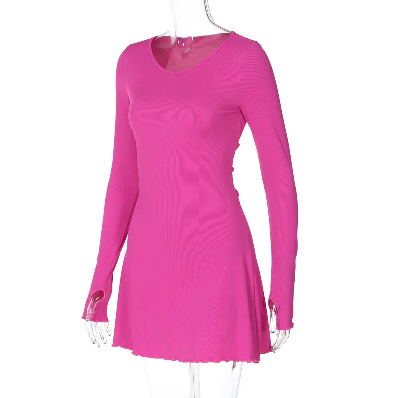 Bandage Ruffled High Waist Mini Dress For Women Long Sleeve Fashion Lace-Up Solid Patchwork Autumn 2025 Bodycon Dress New