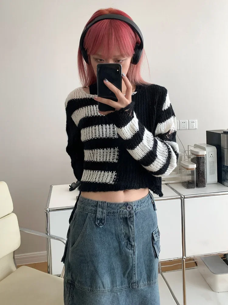 

Gothic Loose Knitted Sweater Summer Thin Crewneck Ripped Hole Cool Y2k Top Stripe Dark Goth Punk Rock Streetwear Sueter Mujer