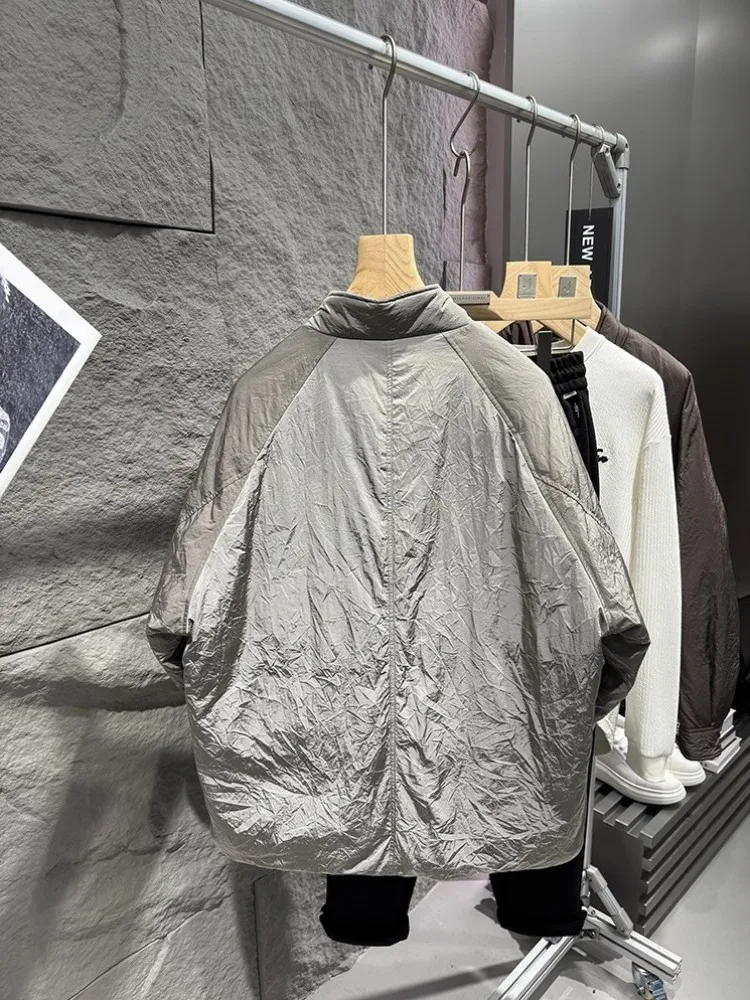 Stand Collar Casual Mens Down Coat Fashion Design High Street Long Sleeve Outerwear Solid Color Zipper Loose Fit Warm Men Coat