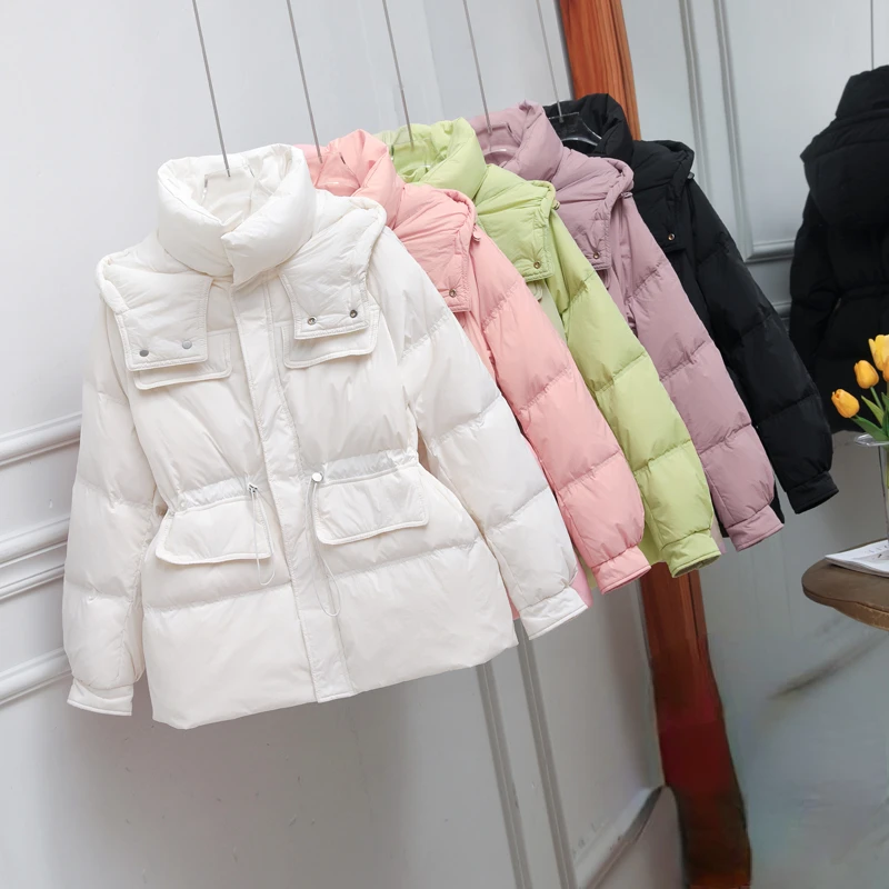 2023 Autumn Winter New Down Jacket Women Hooded Thickened Korean Fashion Workwear Long Sleeve White Duck Down Loose Coat