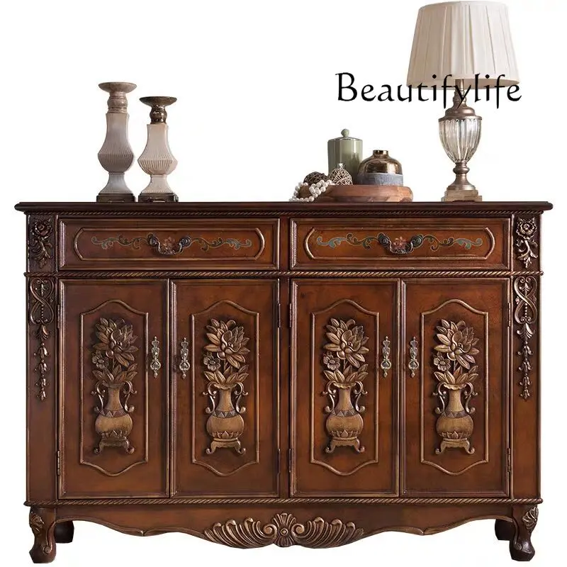 

American-Style Wooden Shoe Rack Retro Painted Four-Door Entrance Cabinet Hallway Storage Carved Door Cabinet