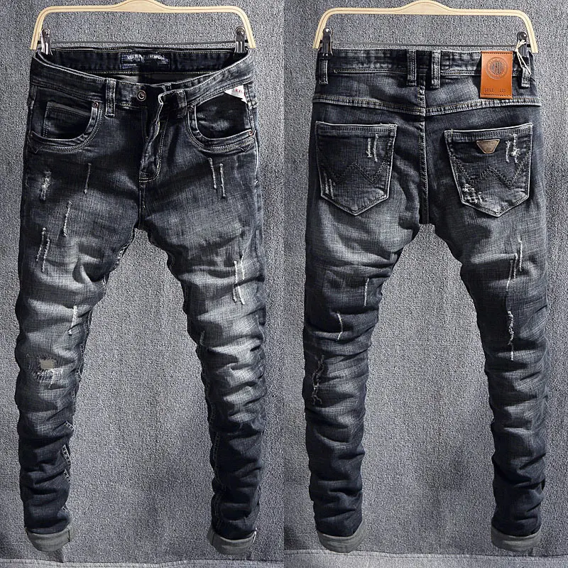 Fashion Designer Men Jeans Retro Black Blue Stretch Slim Fit Ripped Jeans Men Hole Trousers Vintage Casual Denim Pants Hombre drawstring denim pants for women retro ripped hole stretch jean ladies fashion casual loose plus size full length straight jeans