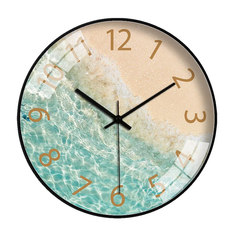 Large Round Wall Clock Gold Silent Sea Art D  
