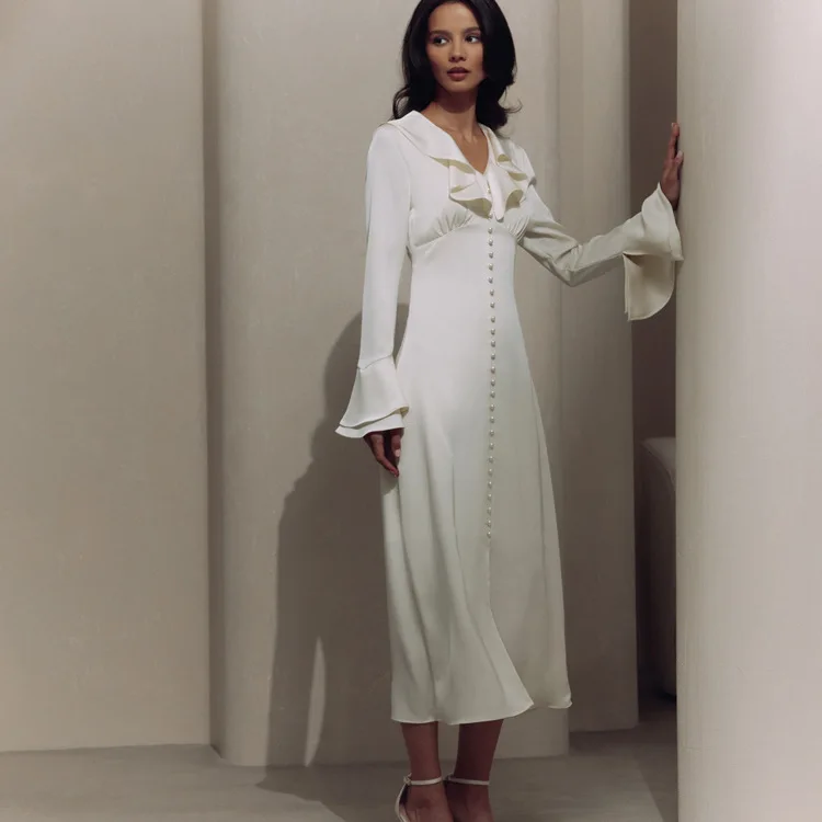 Ruffled Elegant For Women Long Dress Fashion V-Neck Patchwork Long Sleeve Slim Party Dress Gown White Spring Maxi Dress