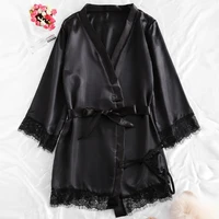 Black Sexy Women's Pajamas Satin 4-piece Lace Silk Suspender Tops Shorts Robe Pajamas Set Nightgown Underwear Nightdress Suit - Image 3