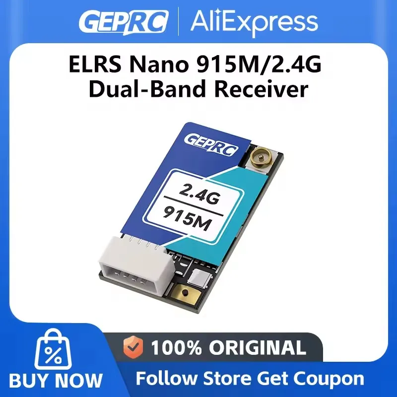 Détail du récepteur ELRS Nano Dual Band avec antenne flexible, prêt pour montage sur drone.