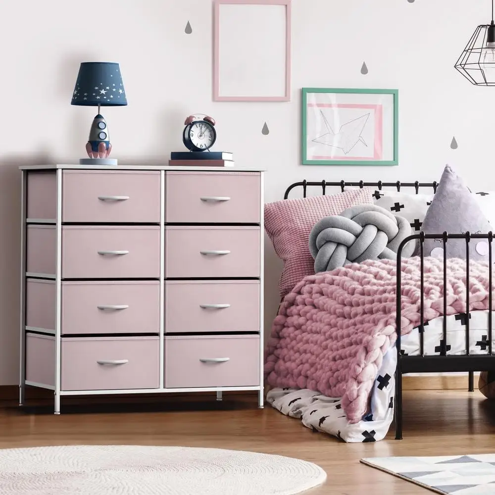 Dresser with 8 Fabric Bin Drawers Kids Bedroom Storage Chest Multipurpose Lightweight Easy Assembly Playroom Organizer 4