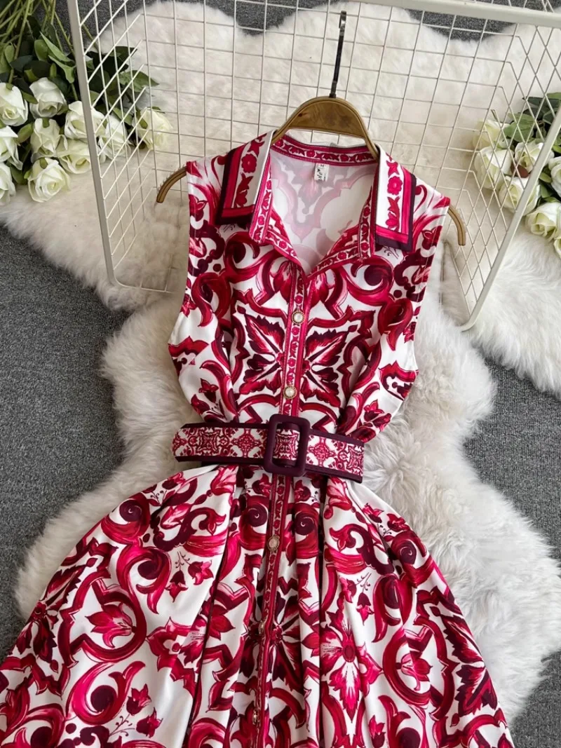 Description Picture 4 of itemHikigawa Chic Fashion Women Summer Vintage Turn Down Collar Sleeveless Dresses Belted Slim Waisat Blue White Print Vestidos