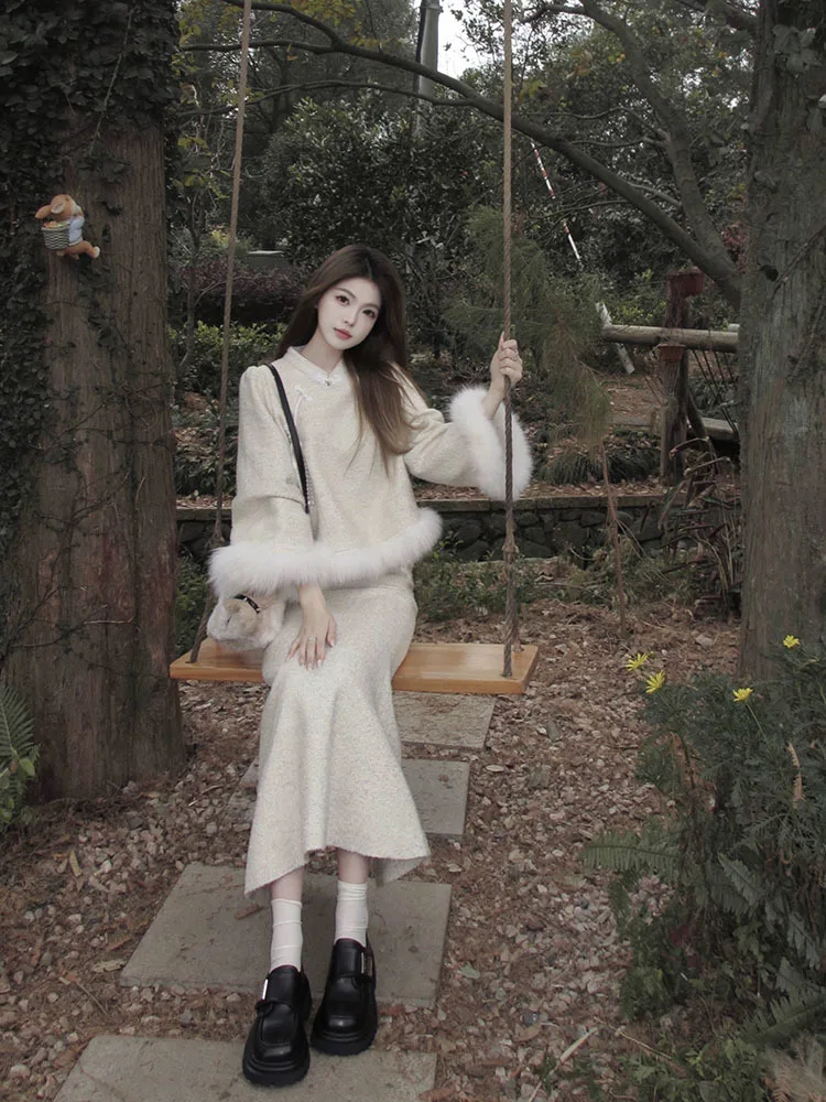 

Новинка 2024, зимняя повседневная элегантная китайская модная женская плотная шикарная юбка рыбий хвост, плюшевая Женская юбка из двух предметов