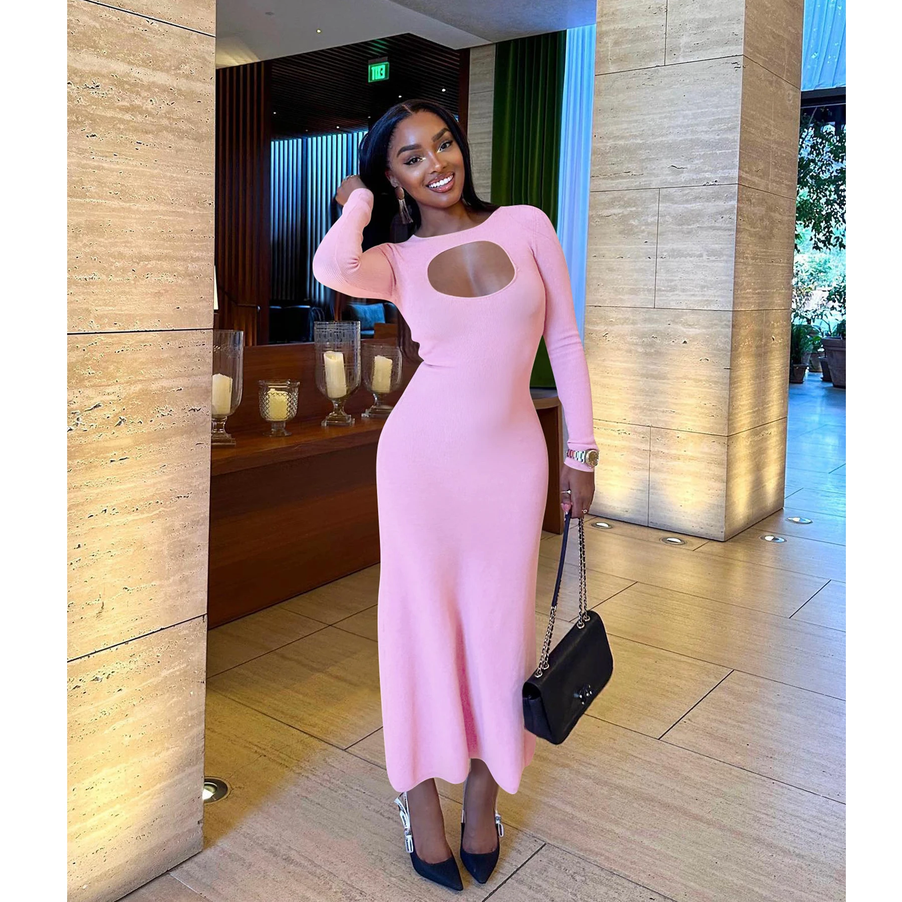 

Ribbed Hollow Out Dress Elegant Casual Bodycon Fashion Dresses Women 2023 Fall Clothes Elegant Ladies Office Long Maxi Dresses