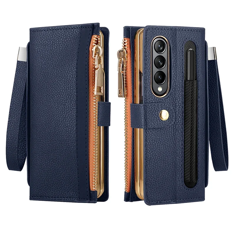 

Leather Wallet Case For Samsung Galaxy Z Fold 4 3 2 5 5G ZFold4 ZFold3 ZFold2 ZFold5 With Pen Holder Card Slot Zipper Flip Cover