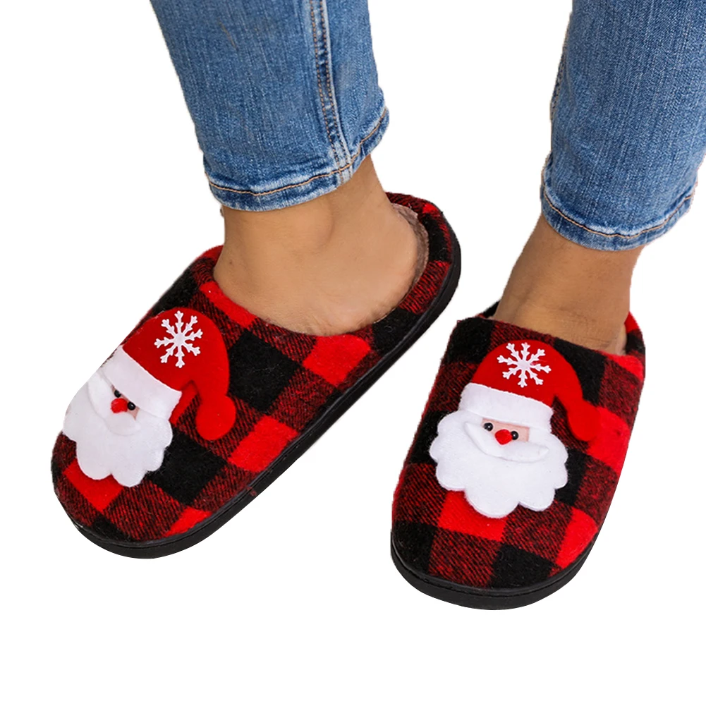Christmas Furry Slippers Flat Santa Claus Plush Closed Toe Slippers Anti Slip Plush Slip-on House Shoes Plaid furry slippers