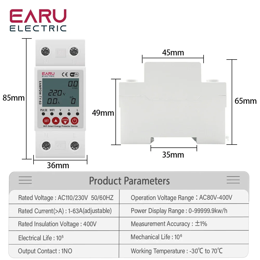 Tuya WiFi Smart Energy Meter 230V Adjustable Current Earth Leakage Protection Over Under Voltage Protector Relay Device Breaker