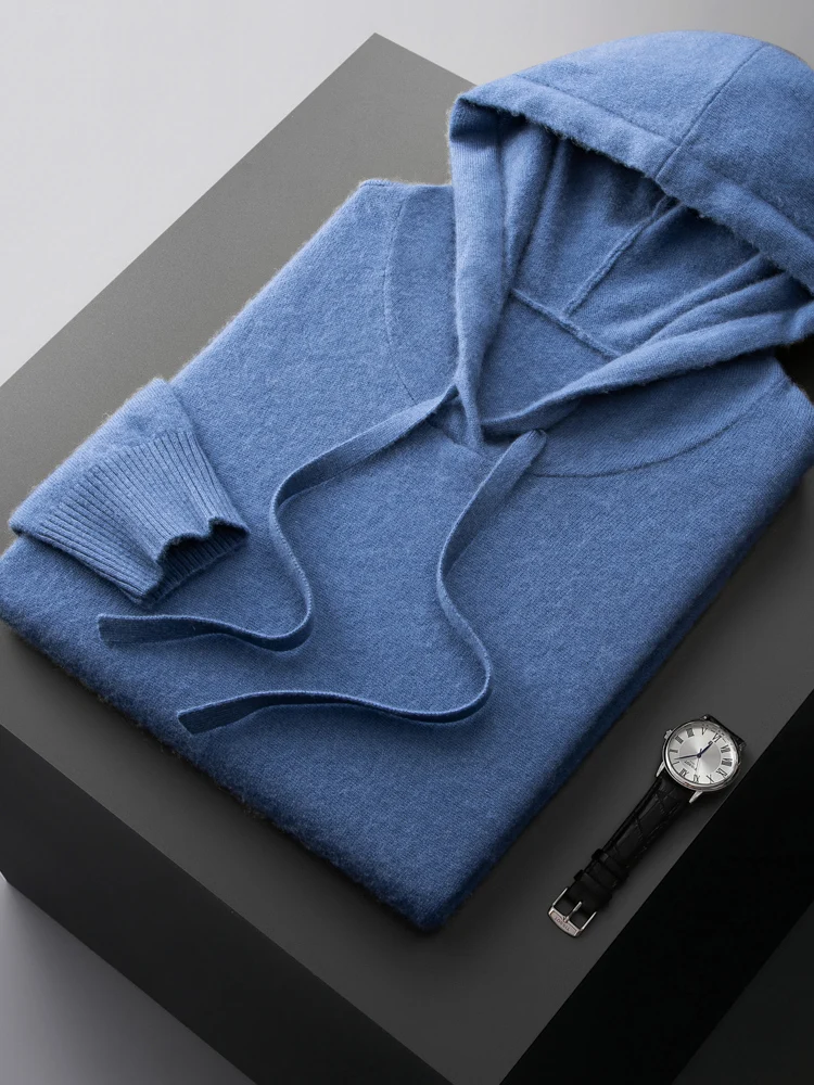 Autumn winter 100% cashmere Knitwear long sleeve hooded pullover men's sweater casual plus size warm shirt korean Men's clothing