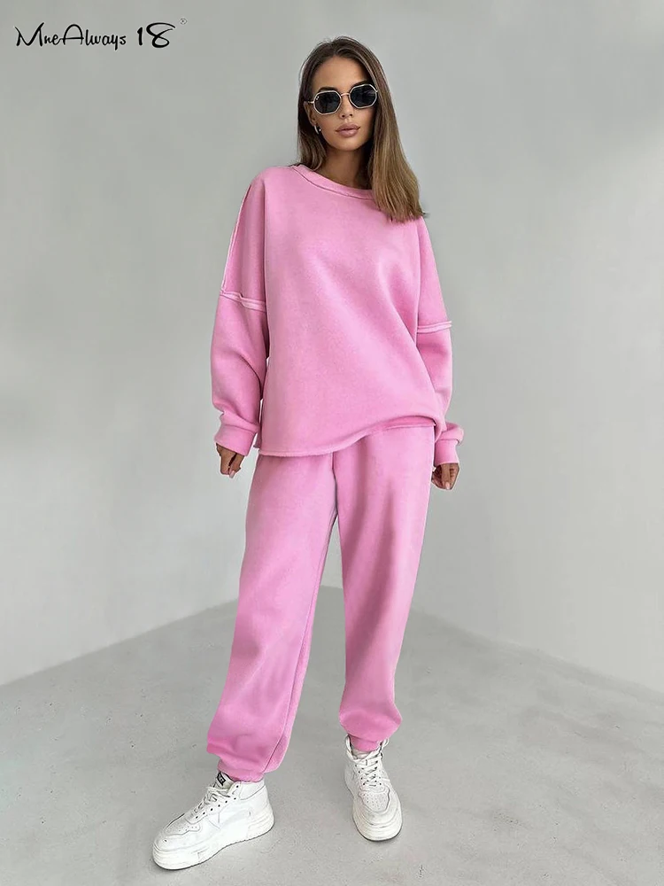 

Mnealways18 Drop Shoulder Terry Knitwear Pink Sweatsuits Two Pieces Casual Sets Pullover Tops Jogger Pants Women 2-Piece Suits