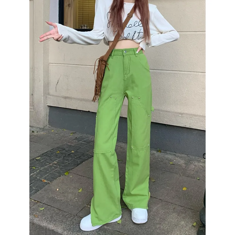 

Green Jeans Women Y2k Casual Ins Fashionable Small Crowd Straight Zipper Split Rivet Pocket Trousers High Waist Denim Pants