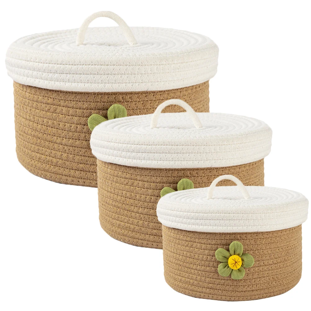 

3 Pcs Basket Cute Flower Covered Cotton Rope Woven Home Storage Box Jewelry Toy Cosmetics Large Bins Nursery