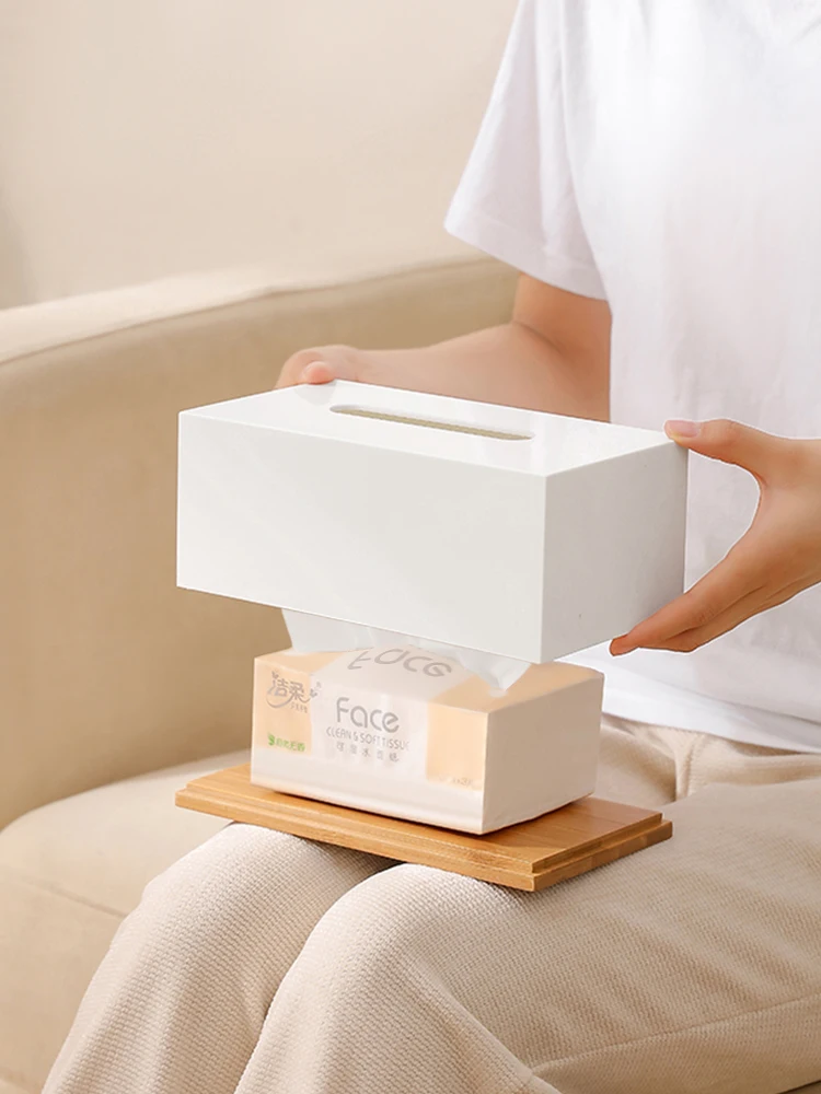 Japanese Style Simple Creative Bamboo Bottom Tissue Box Living Room Coffee Table Desktop Paper Box Household Napkin Storage Box 3