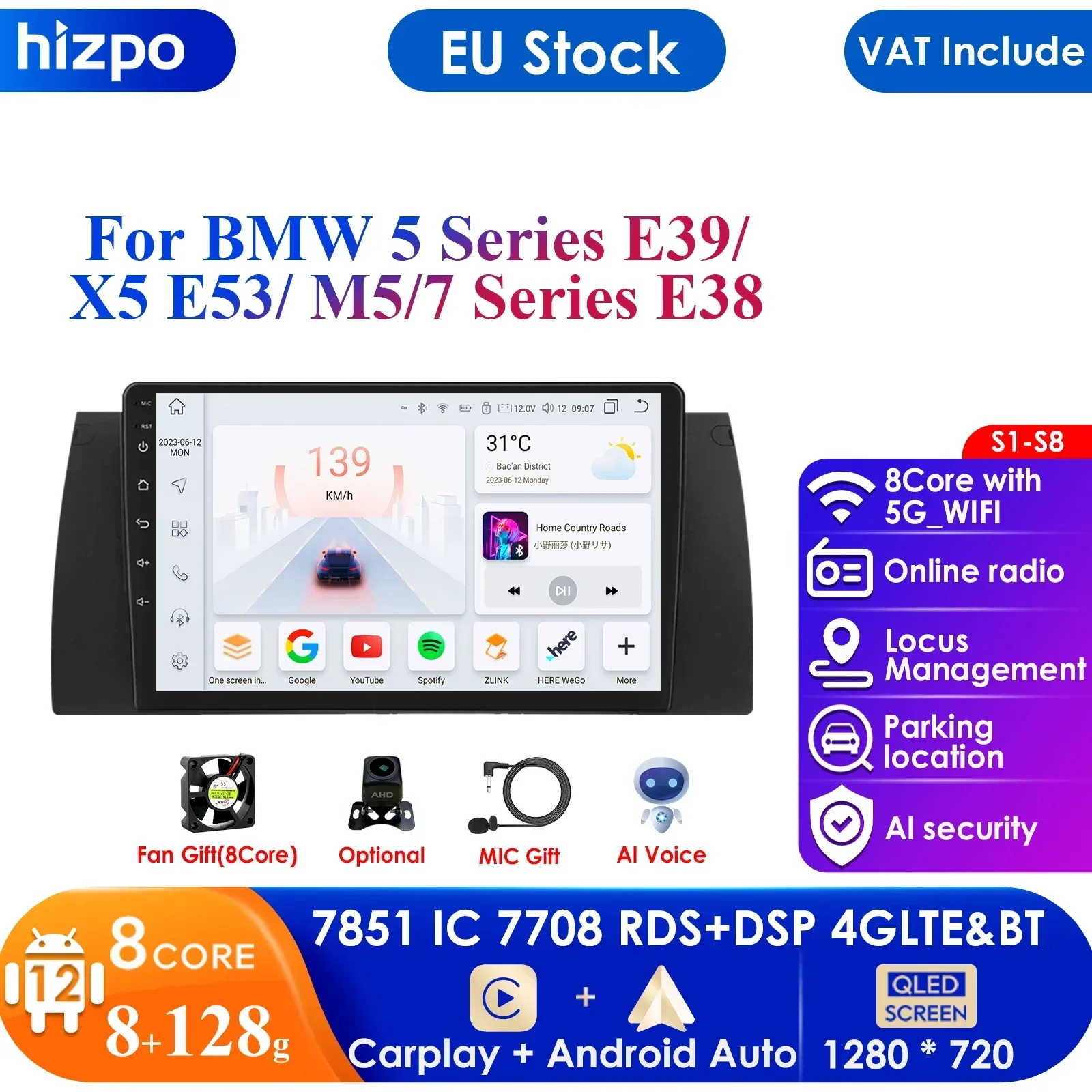 Carplay 4G-Lte 9 "8Core Autoradio 2 Din Android 12 Lettore Multimediale Per Auto Per Bmw 5 X5 E53 E39 M5 1996-2003 Stereo Gps Nav Audio