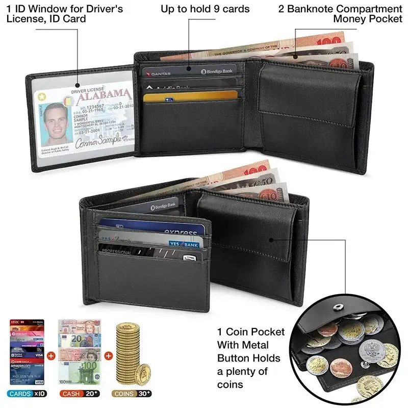 Wallets Mens Slim RFID Blocking with Coin Pocket  2 Banknote Compartments 10 Credit Card Holders Wallet for Men - Image 2