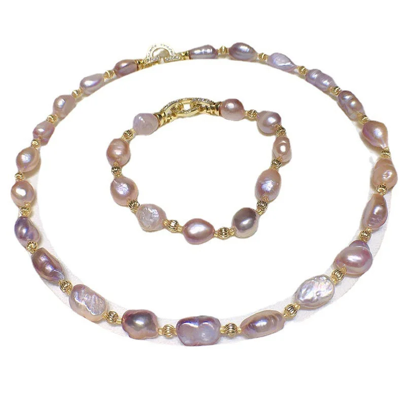 Natural 10-11mm pink purple Freshwater Pearl Necklace Women's Versatile Baroque Bracelet Set Purple Large Particles with Shape