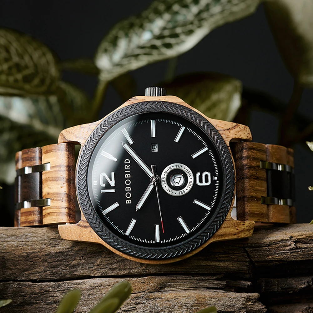 Herrenuhr aus Holz, neues Design, Quarzwerk, Quarz-Armbanduhr mit Wochentags- und Datumsanzeige, inklusive edler Geschenkbox_voghion.com