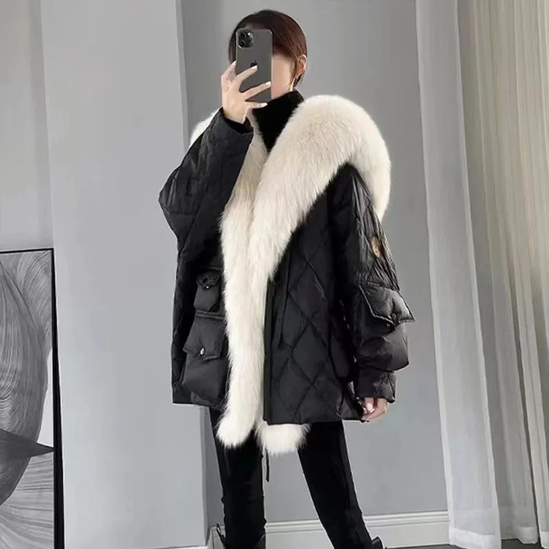 

2024 New Down Cotton Jacket Fur For Women Faux Fox Fur Navy Collar Overcoming Jacket For Women Mid Length Insulation Commuting B