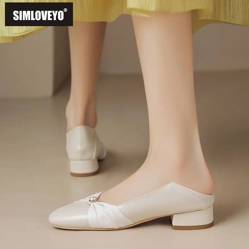 

SIMLOVEYO Korea Soft Flats foe Female Square Toe Block Heels Slip On Mixed Color Plus Size 42 43 Elegant Women Mules Daily Shoes