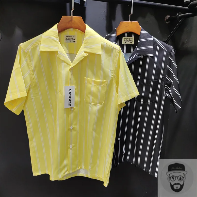 

High quality shirt WACKO MARIA solid stripe minimalist thin fabric short sleeves shirt men