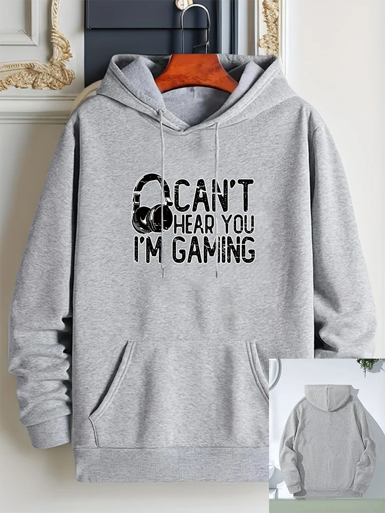 

Cotton Hoodie Men's Patterned Sweatshirt Kangaroo Pocket Comfort Fashion Hooded Pullover Can't Hear You Im Gaming Monogrammed