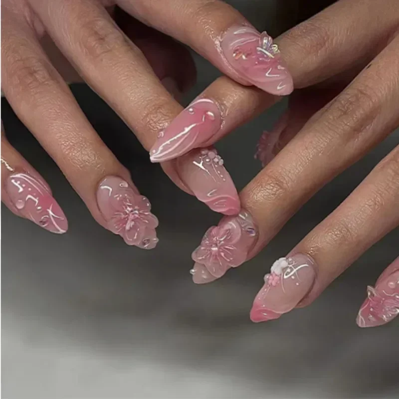 24Pcs Sweet Short Almond French False Nails with Glue 3D Wave Nail Pattern Floral Pink Blush Press on Acrylic Nail Manicure Tips