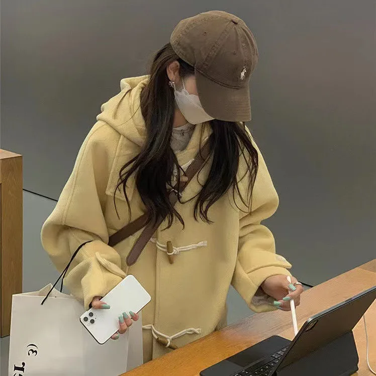 2023 Autumn Winter Casual Sweet X-long Oversized Hooded Wool Jacket For Women Outerwear Loose Solid Color Pockets Warm Coat