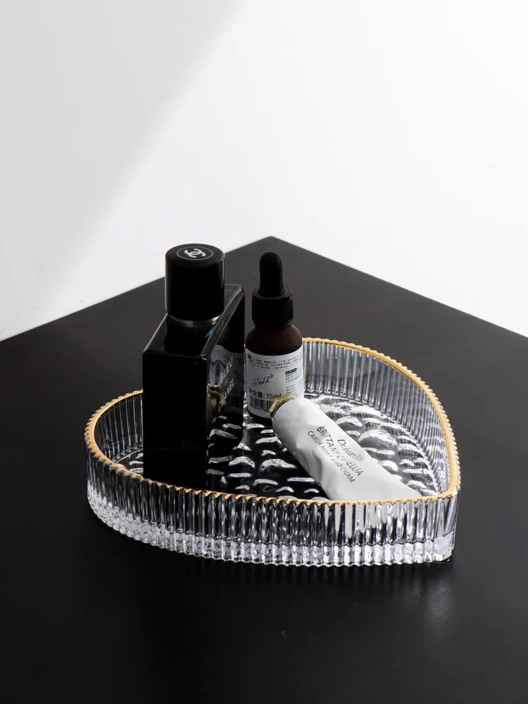 European Heart Clear Glass Tray With Gold Rim Small Large Set Of Two For Home Tabletop Jewelry Comestic Candle Watch Key Storage 4