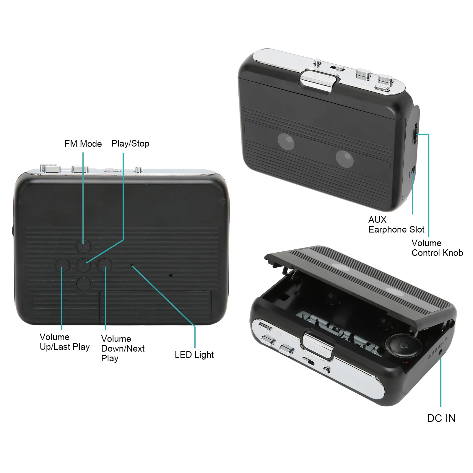 Bluetooth Cassette Player with 3.5mm Interface FM Radio Auto Reverse Function Stereo Cassette Player with Earphone