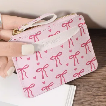 Portafoglio da donna con fiocco rosa, semplice porta carte in PU, portamonete ultrasottile con cerniera, piccolo portafoglio da viaggio porta carte di credito