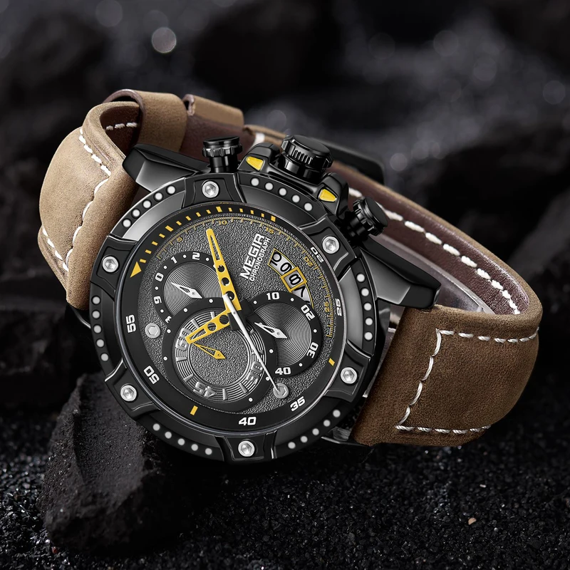 MEGIR Man Sports Chronograph Quartz Watch Fashion Mens Watches Top Brand Luxury Leather Waterproof Wristwatch Relogio Masculino