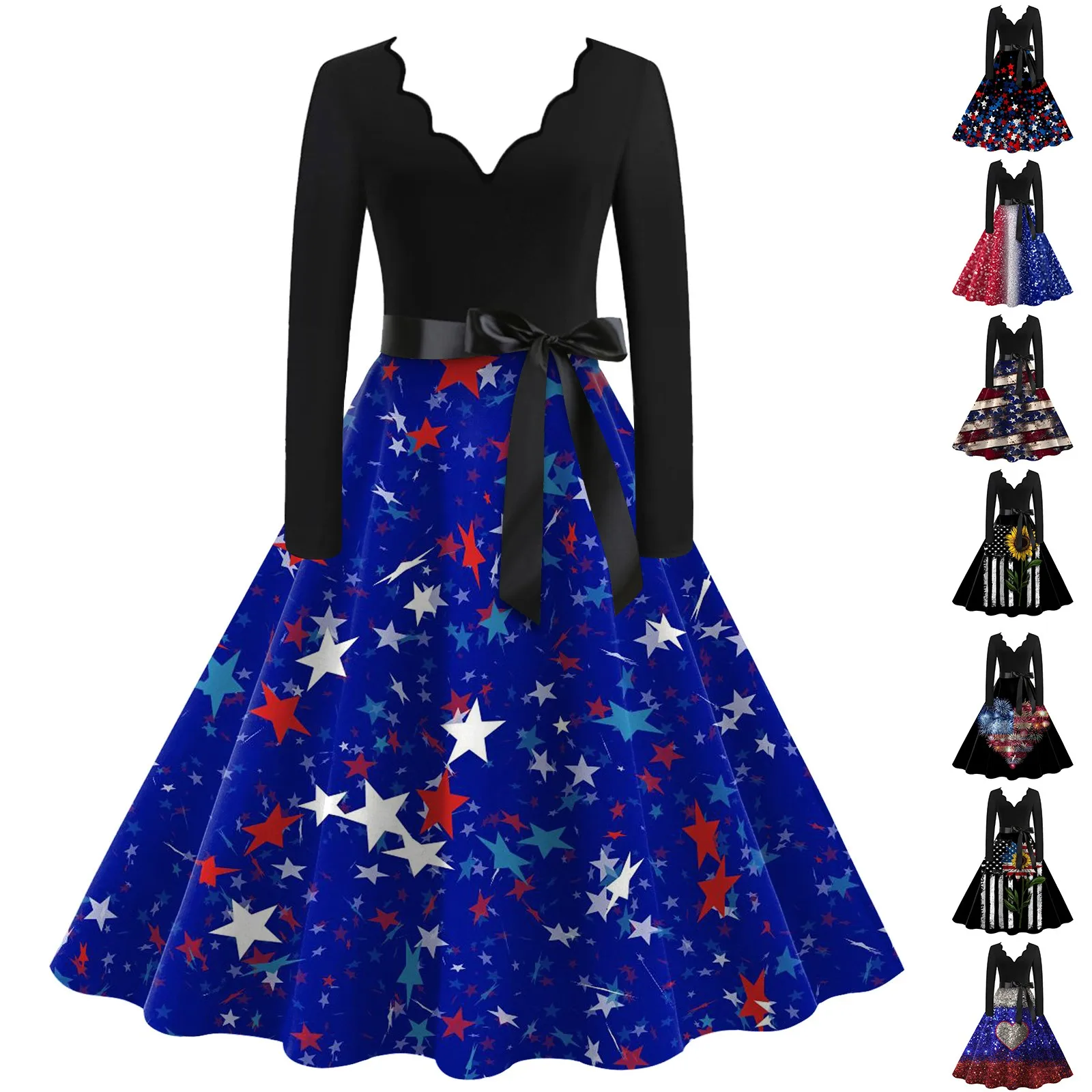 

Women's Casual Dresses Valentine's Day Printed V-neck Pullover High Waist Dresses New Long Sleeved Party Dress ropa de mujer