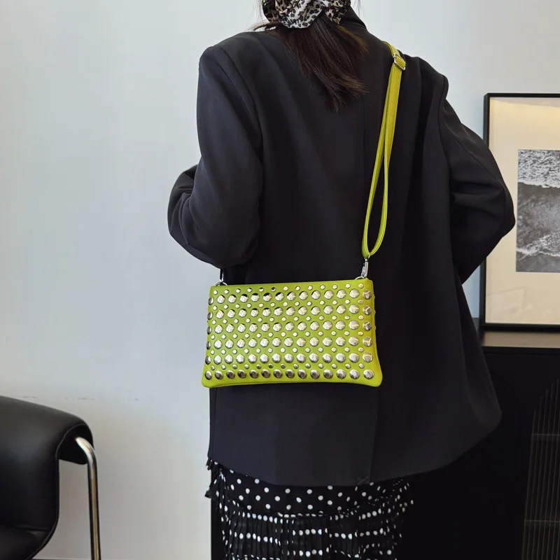 Crossbody Bag for Women With Adjustable Guitar Strap Shoulder Bag PU Leather Rivet Studded Satchel Purse for Work Travel