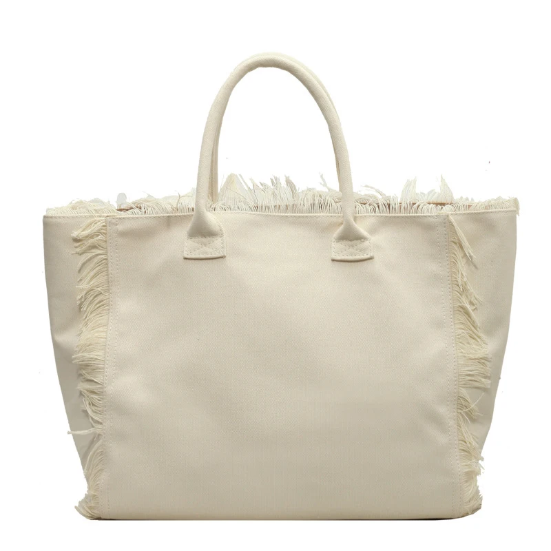 Chic Tassel Striped Canvas Beach Tote - Large Capacity Casual Shopping Bag