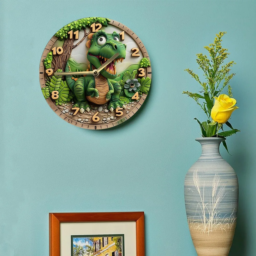 Cute dinosaur - themed wooden wall clock for kids' rooms or playrooms, takes AA batteries 6