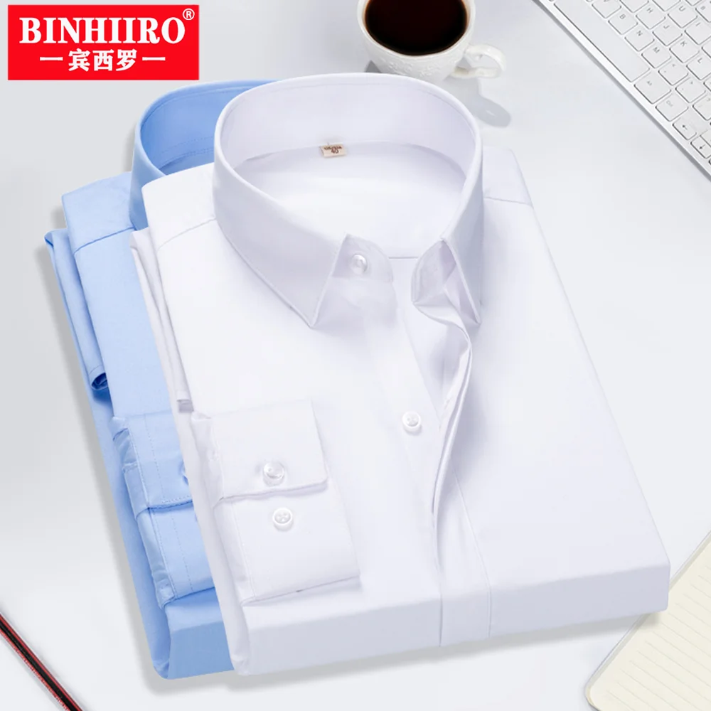 

BINHIIRO Men's Long-Sleeved Shirt Business Casual Lapel Shirt High-Quality Non-Ironing Solid Color Shirt Anti-Wrinkle Slim Top