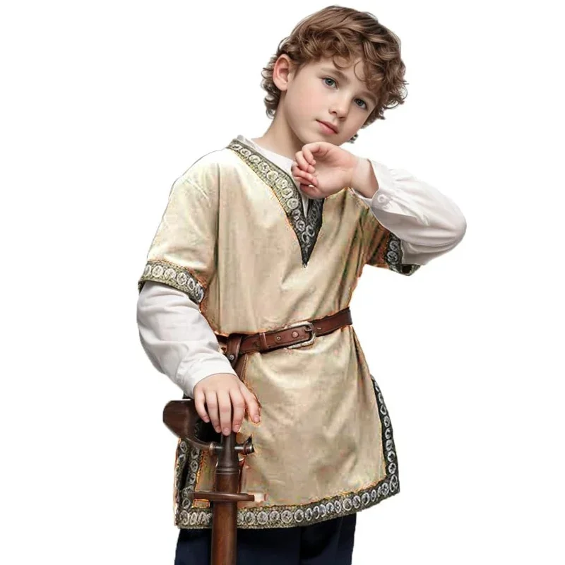 Child Boys Medieval Costume Viking Pirate Shirt Knight Cotton Linen Vintage Tunic Tops Renaissance V Neck Halloween Kids kids cosplay costume,medieval prince costume