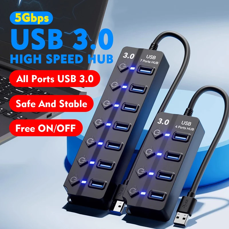 High-Speed Portable 7-in-1 USB Hub with On/Off Switch
