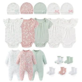 Set di 18 Pezzi di Abbigliamento per Neonati con Disegni Cartoon, Body+Pagliaccetti+Cappelli+Calzini per Bambini e Bambine, Outfit per Tutte le Stagioni
