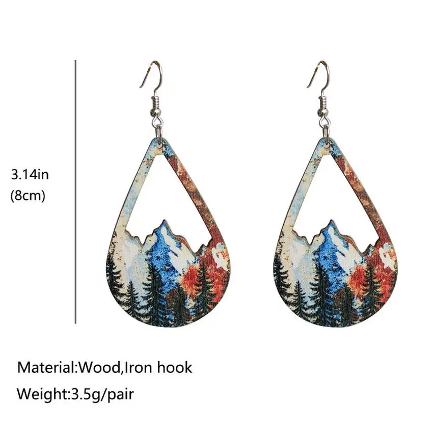 Snow Mountain and Forest Wood Teardrop Earrings for Women Vintage Cutout Wooden Earrings Fashion Jewelry Wholesale